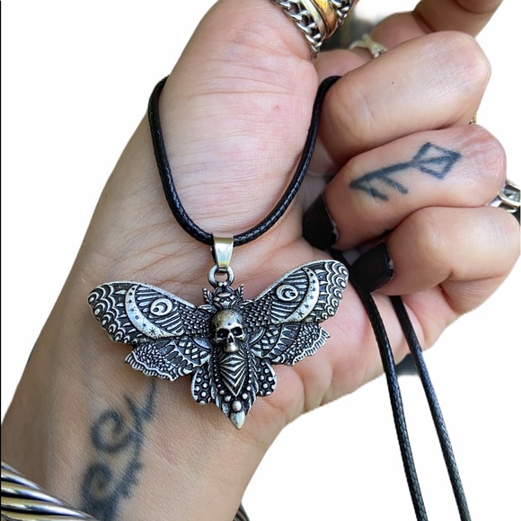 Moth with moon and skull design pewter necklace on leather cord boho goth - Picture 2 of 15